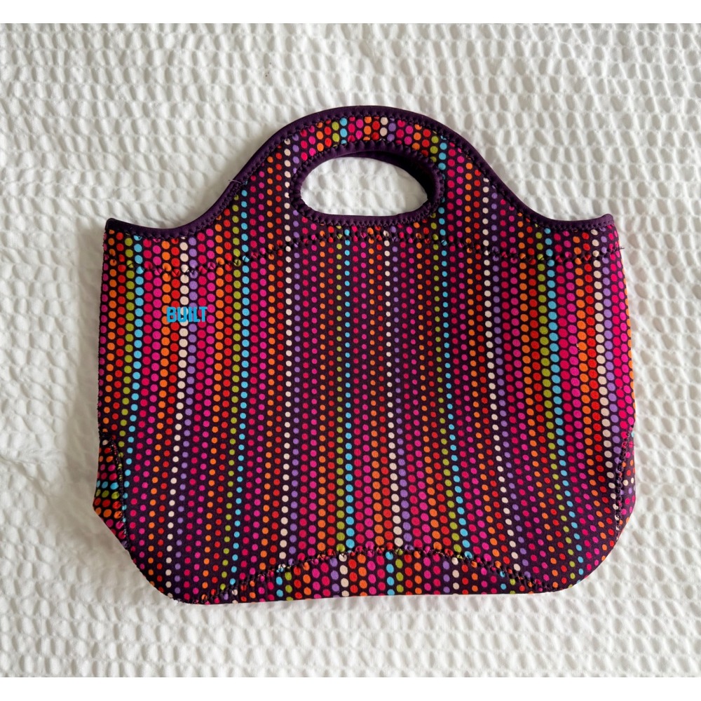 BUILT NY Neoprene Lunch Tote Bag Rainbow Polka Dot Purple Insulated Red